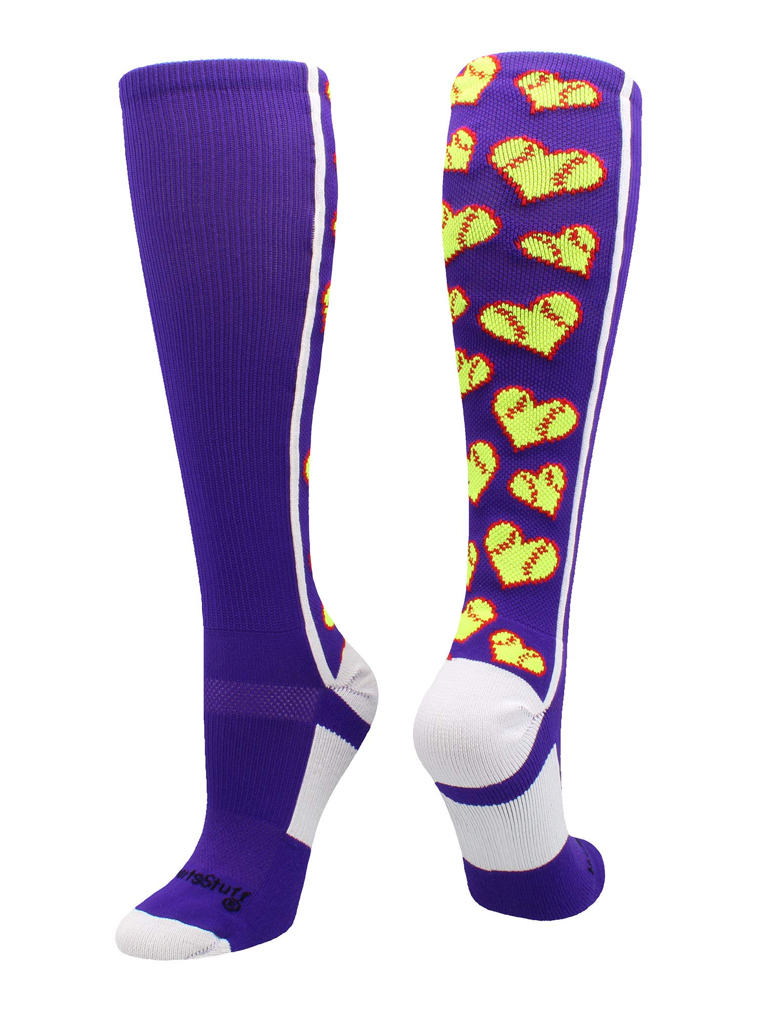 Calcetines Love Softball con corazones sobre la pantorrilla (púrpura/blanco, pequeño)