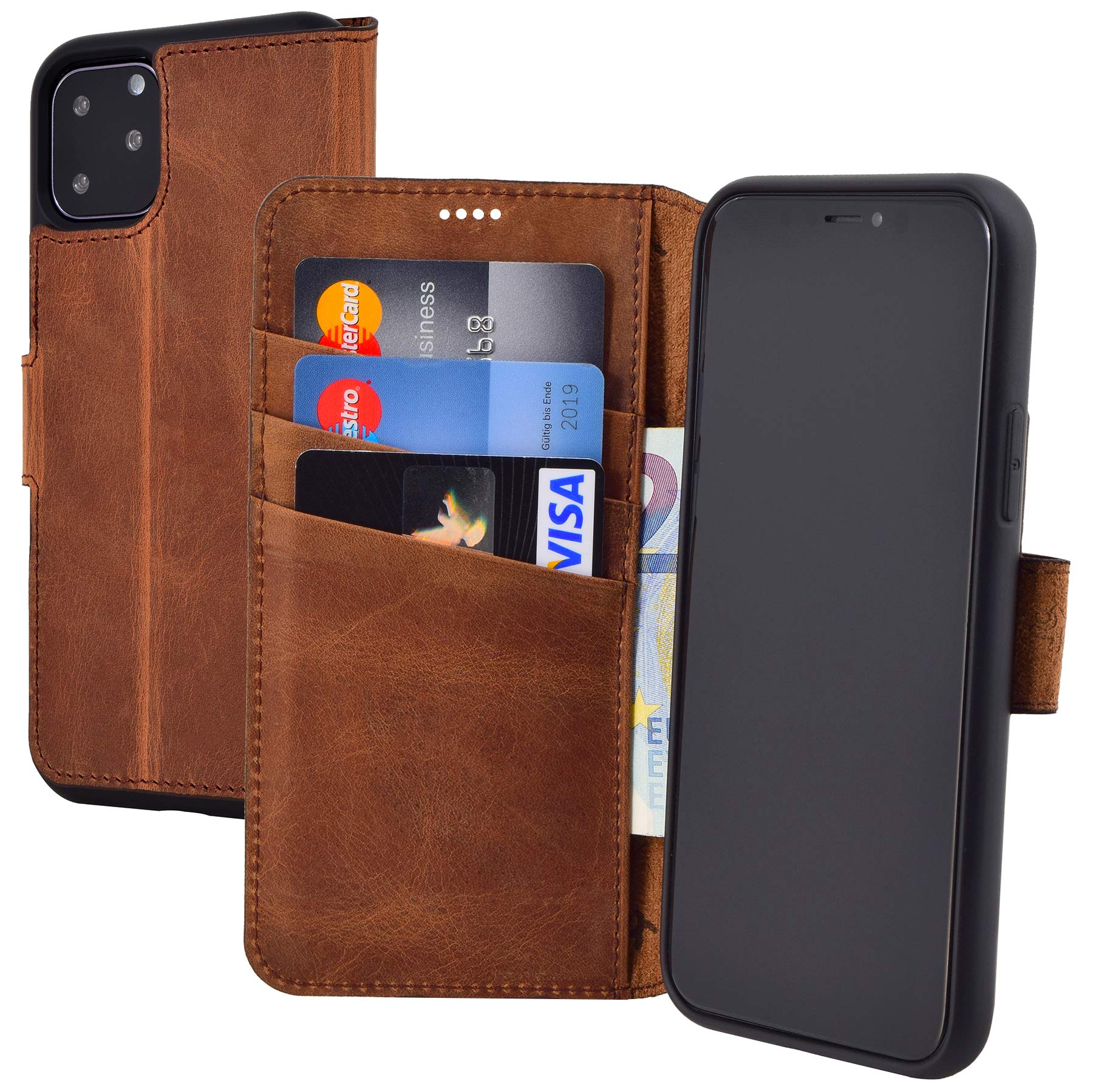 Suncase Book-style case compatible with iPhone 11 Pro Max (6.5 inch) leather case (slim fit) leather mobile phone case protective case with 3 card slots in antique coffee.