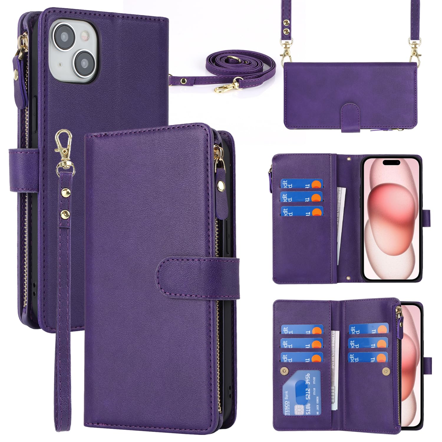 Cavor Compatible with iPhone 15 Case With Card Holder With Strap,Flip Leather Crossbody Wallet Case,[9 Card Holders][Magnetic][Lanyard],Cover Phone Case for women - Purple