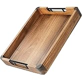 Wood Serving Tray with Handles, 17"x13" Large Decorative Ottoman Tray for Coffee Table, Walnut and Acacia Wooden Serving Trays for Party, Home Decor Rectangular Platters with 3 Silicone Mats