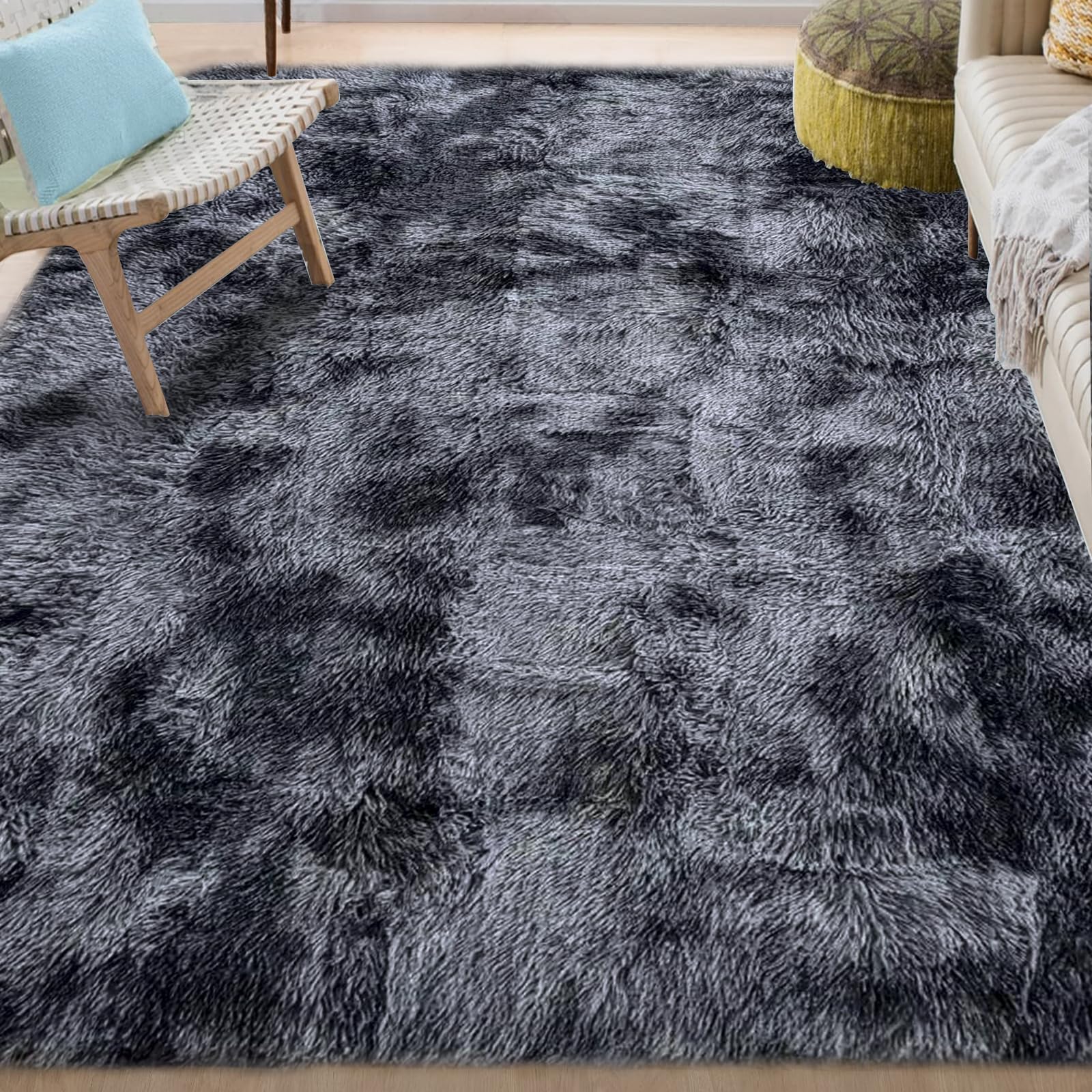 Tinyboy-bhq Area Rugs Soft Living Room Carpets Anti Slip Fluffy Bedroom Rug Shaggy Floor Mats Large for Hallway Bedroom (Black/Grey, 135 x 185 cm)