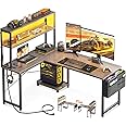 AODK L Shaped Desk Gaming Desk with LED Light & Power Outlet, 53 Inch Reversible L Shaped Computer Desk with Shelf, Corner Desk with Storage Bag&Hook for Home Office Desk, Grey Oak