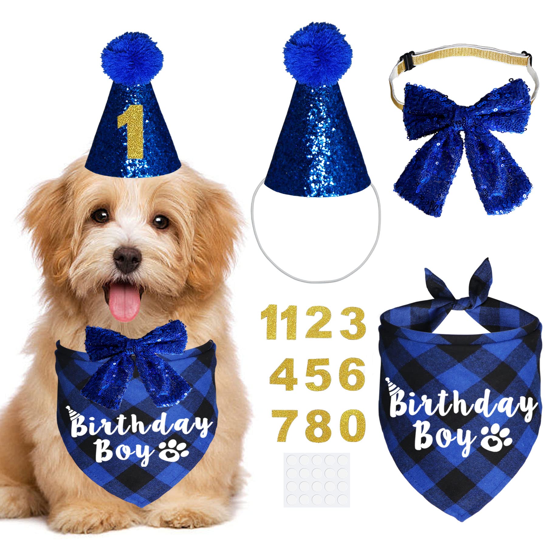 JOTFA Dog Birthday Party Supplies, Dog Birthday Outfit, Plaid Dog Birthday Boy Girl Bandana with Dog Birthday Number Hat Bowtie for Small Medium Large Dogs Pets (Blue, Set of 5)