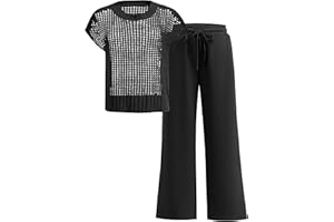 OUKODS Women Two Piece Outfits Crochet Sheer Knit Sweater Top Wide Leg Pants Lounge Matching Sets Sweatsuit Travel Clothes