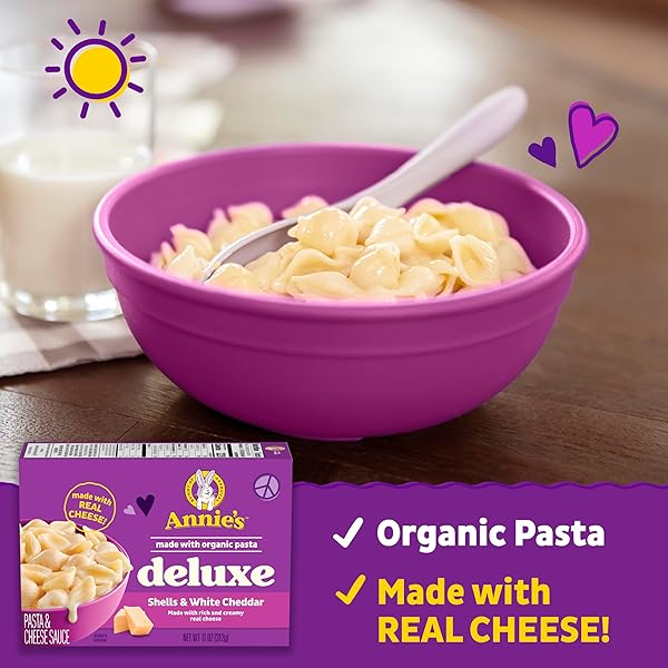 ANNIE’S DELUXE MACARONI AND CHEESE WITH ORGANIC PASTA, REAL WHITE CHEDDAR CHEESE AND SHELLS, 11 OZ
