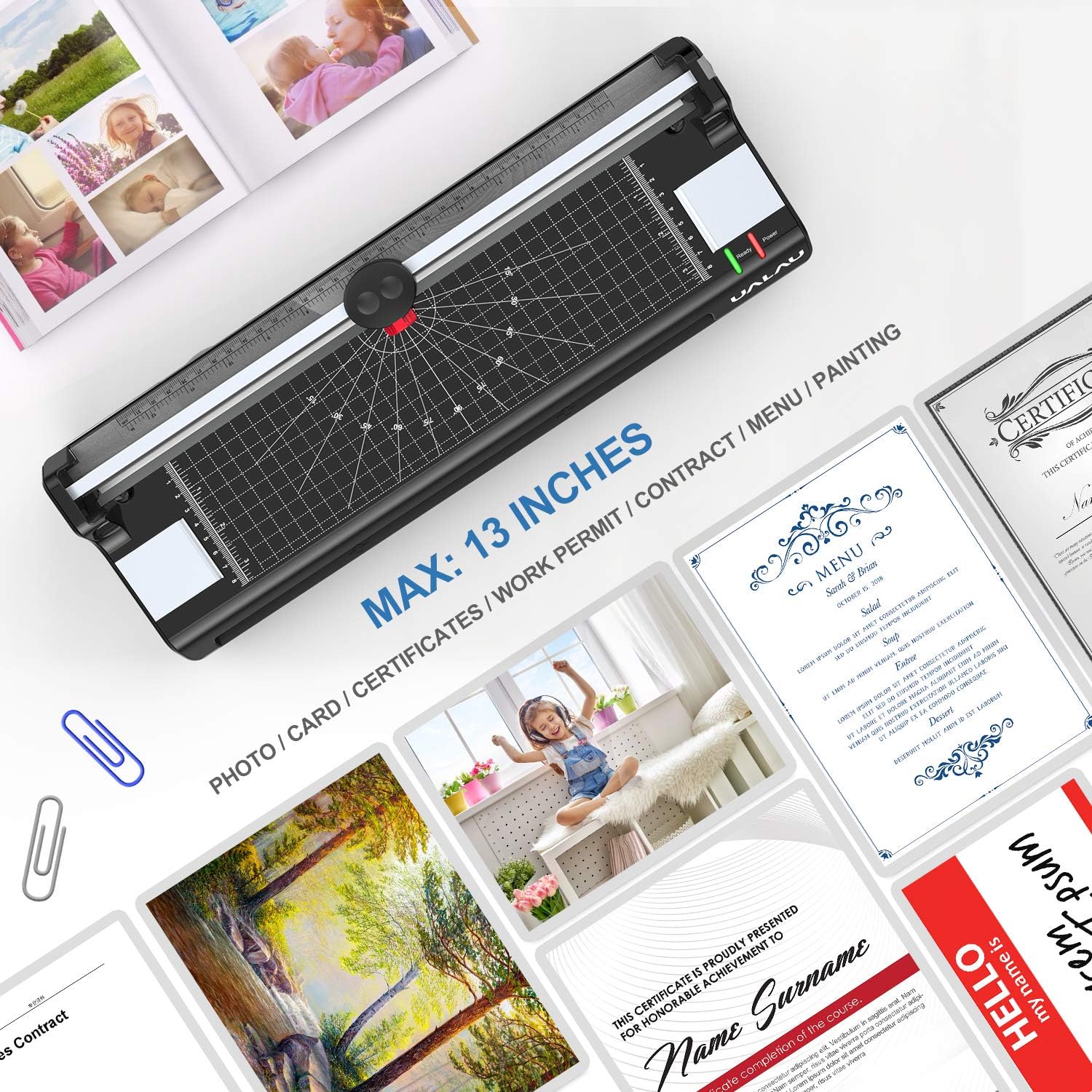 13 Inches Laminator Machine, UALAU 7 in 1 Thermal Laminator with 20 Laminating Pouches, Paper Trimmer, Corner Rounder, Photo Frame, for Home/School/Office Use : Office Products