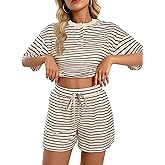 Hilinker Womens Striped Pajama Set Half Sleeve Top with Shorts Sleepwear 2 Piece Lounge Sets