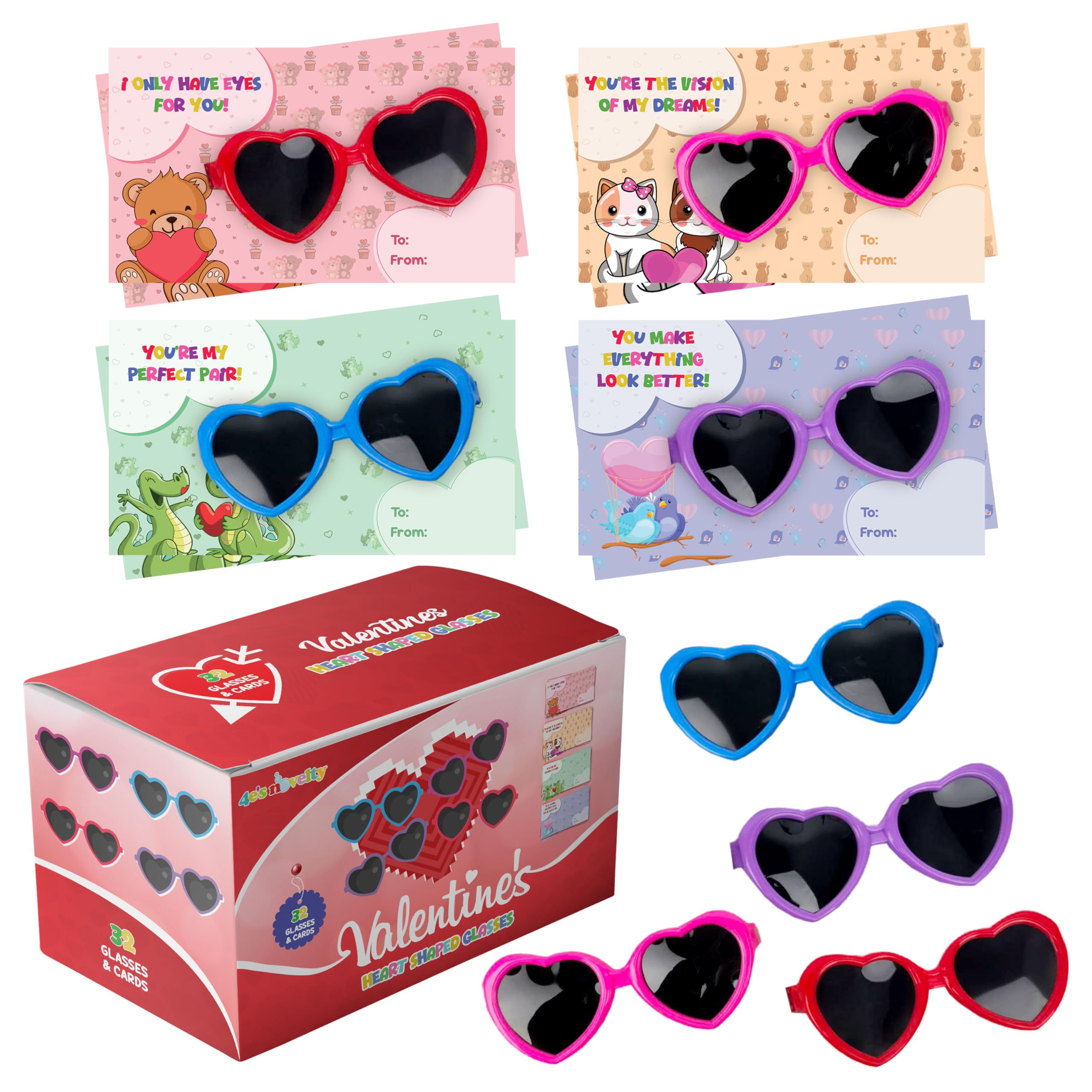 Photo 1 of 4E's Novelty 32 Pack Valentines Day Heart Glasses for Kids - Bulk Sunglasses with Valentines Cards, Valentine Day Gifts for Kid Classroom Exchange Toy with Cards, School Party Favors for Boy Girl