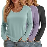 Evervibe 3 Pack Women's Plus Size Shirts Long Sleeve Scoop Neck T Shirts Cotton Basic Tops Loose Tees with Thumb Holes