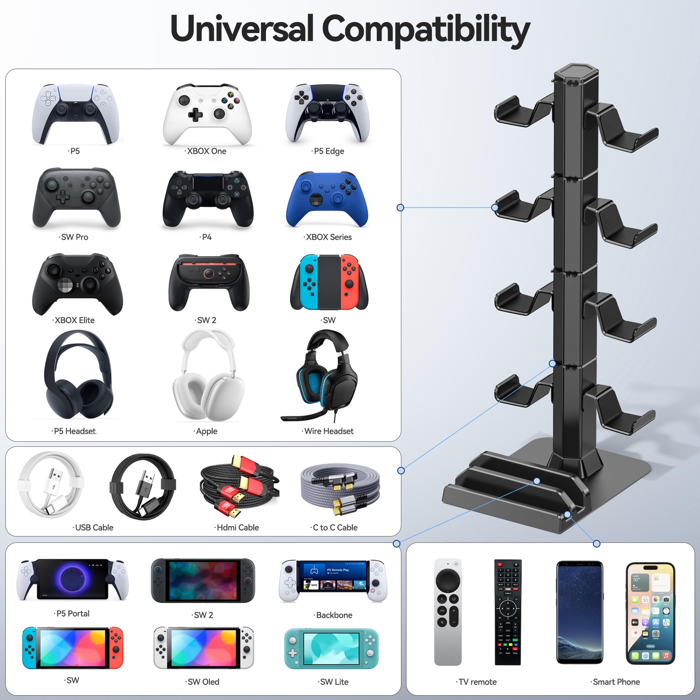 Gaming Deko Headset Halterung & Controller Halter, 4 Ebene Kopfhörer Halter mit Abnehmbarer Haken und Kabel Organisator für Fernbedienungen, Controller Ständer Aufbewahrung für PS5/Xbox/Switch 2