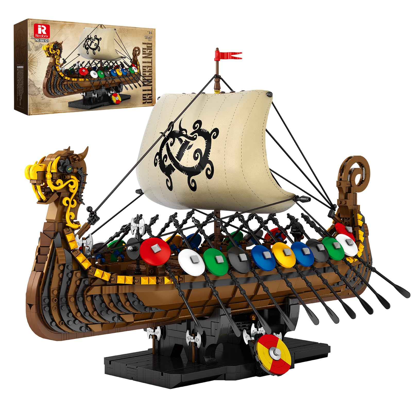 Reobrix Viking Pirate Ship Building Block Toy, Display Longship Collection Model Kits for Adults, 66101 Big Sail Boat Medieval Armed Warship Construction Brick Puzzle Gifts for Teens 14+ (2547Pcs)