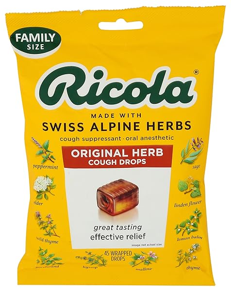 RICOLA ORIGINAL HERB COUGH DROPS, 45 COUNT, COUGH SUPPRESSANT & THROAT RELIEVING DROPS WITH NATURALLY SOURCED MENTHOL, PLEASING HERBAL TASTE FOR COUGHS & THROAT IRRITATION SYMPTOM RELIEF