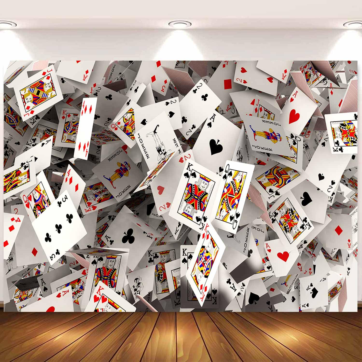Photo 1 of Sensfun 6x4ft Fabric Poker Backdrop 3D Playing Cards Photography Background Casino Night Birthday Party Decorations Banner Poker Card Las Vegas Game Night Party Backdrop Supplies Photo Booth Props