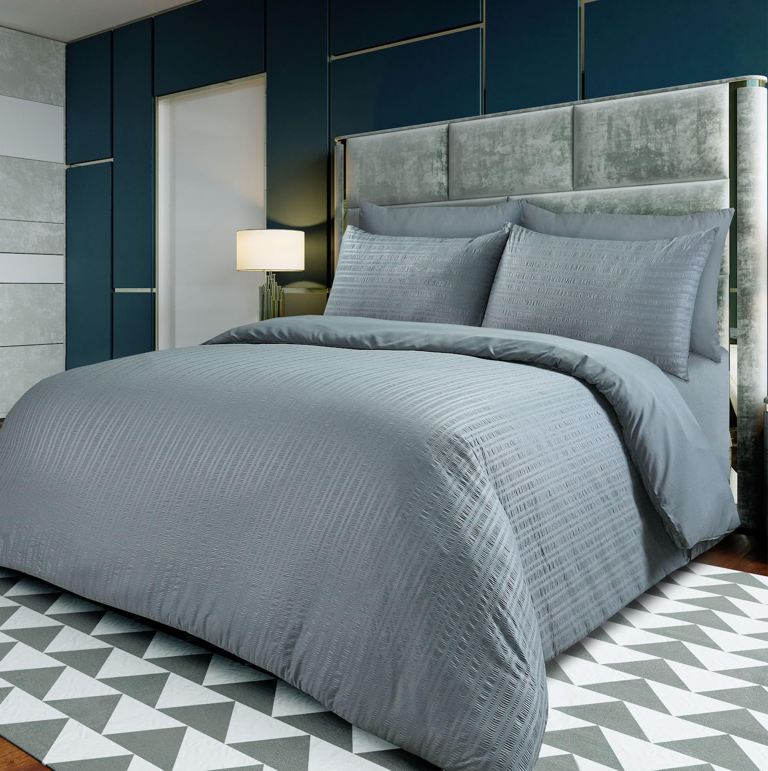 Linen Home Seersucker Grey Double Duvet Cover Sets with 2 Pillowcases Luxury Soft Microfibre Seersucker Bedding Set (Grey, Double Duvet Sets)