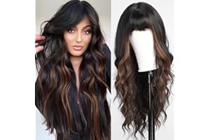 KOME Brown Wigs with Bangs,Black mix Brown Highlight Long Wavy Wig for Women,Long Curly Wigs Synthetic Hair Wig for Party Cosplay Daily Use 26IN…