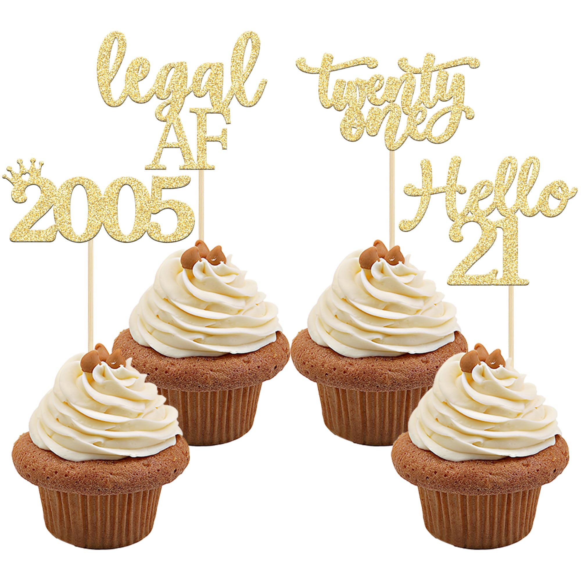 Gyufise 24 Pack Gold Glitter 21st Birthday Cupcake Toppers Hello 21 Legal Twenty One Since 2005 Cupcake Picks for Celebrating Twenty-One Years Old Birthday Party Decorations