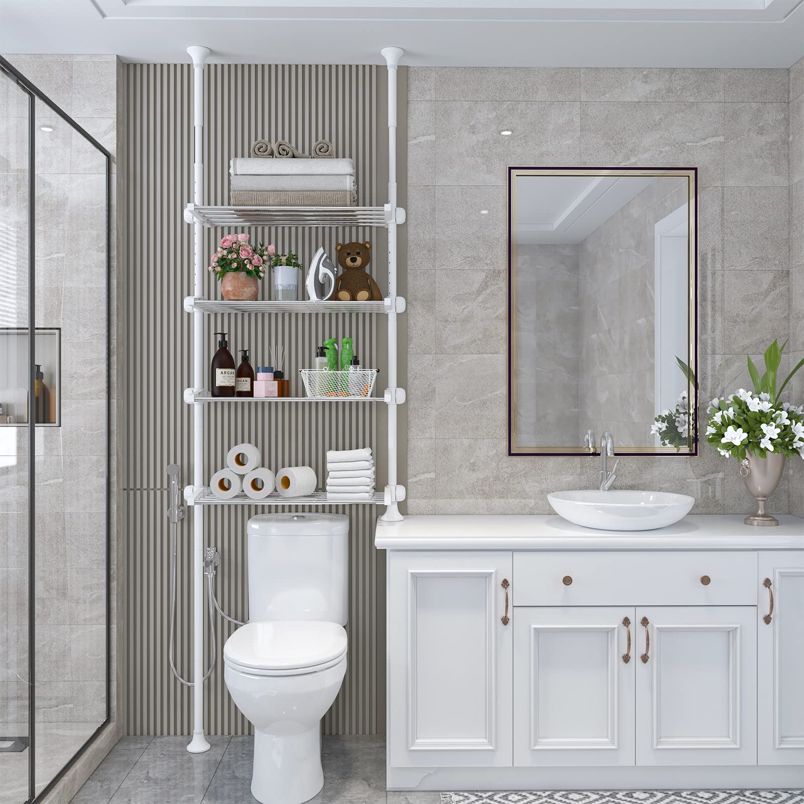 Photo 1 of (used) Lilyvane Over-The-Toilet Storage:97 to116” Adjustable 4-Tier Bathroom Organizer, Over The Toilet Storage Shelf for Small Rooms