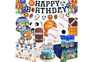 LINHAXM 191 PCS Sports Birthday Party Decorations Includes Plates, Napkins, Cups, Knives, Forks, Banner, Cake & Cupcake Toppers, Tablecloth for Sports Themed Party Decorations, Serves 24