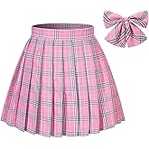 BSJIA Women's Plaid Pleated Skirt Pink High Waisted JK School Uniform A-line Mini Skirt with Bow Ties Cosplay Costumes
