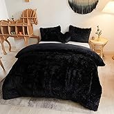 MEGO Luxury Shaggy Plush Duvet Cover Set, Ultra Soft 3 Pieces Fluffy Faux Fur Comforter Cover Set, Fuzzy Bedding Set(1 Furry Duvet Cover + 2 Pillow Shams), Zipper Closure(King, Black)