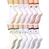 Croloose 6 Pairs Cute Pilates Socks for Women, Ruffle Frilly Yoga Grippy Socks with Embroidery Pattern for Workout Ballet