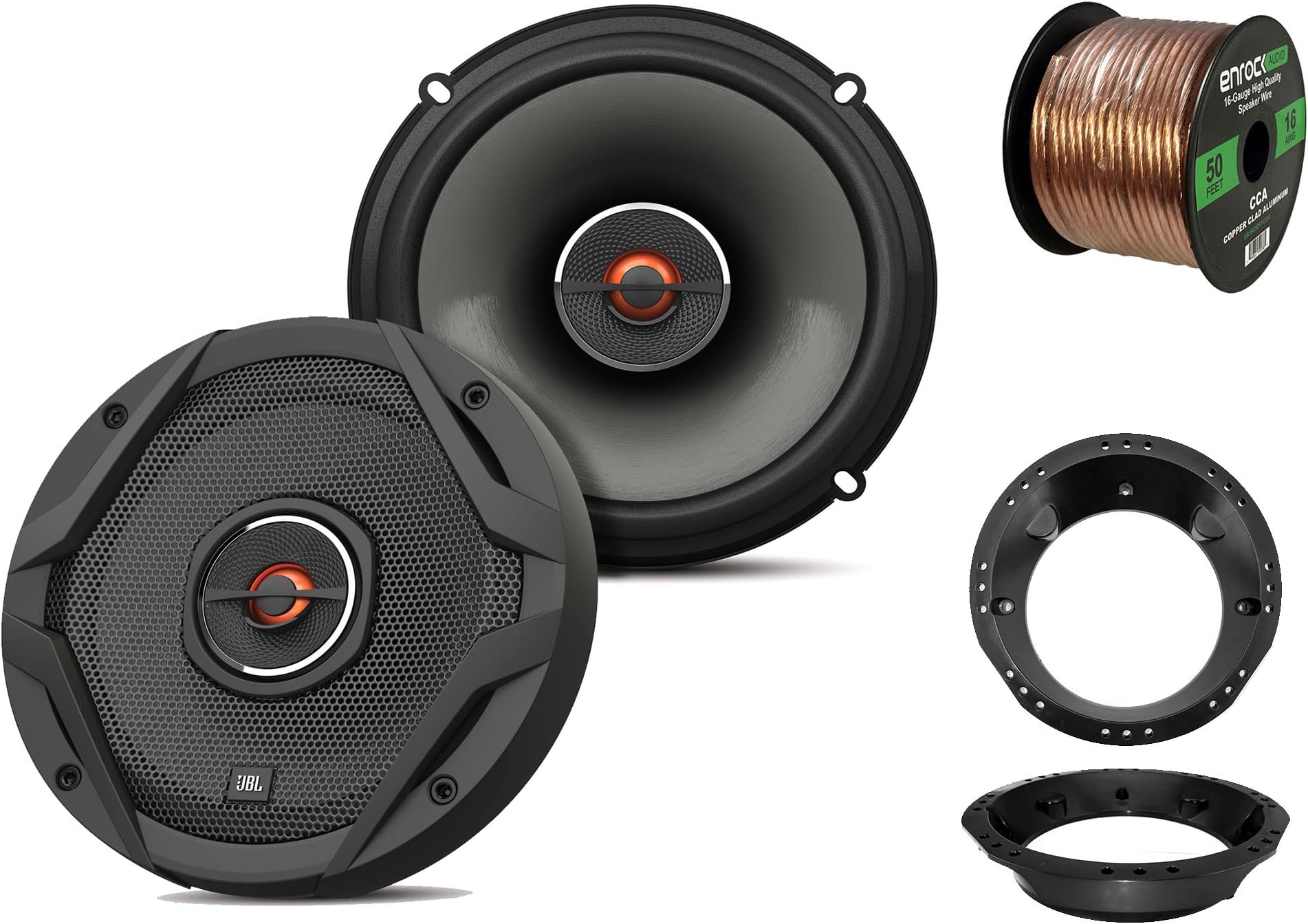 2X JBL 6.5" 2-Way GX Series Coaxial Car Audio Speakers - Bulk Packaging, with 2X Enrock Harley Speaker Adapters, 16-Gauge 50 Foot Wire