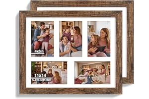 Hongkee 11x14 Picture Frame Set of 2, Rustic Brown Wood Frame with Real Glass Collage Picture Frames, Display Pictures Five 4x6 With Mat or 11 x 14 Without Mat, Photo Frames Wall Gallery