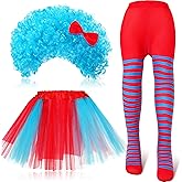 Janmercy 3 Pcs Tulle Tutu Costume Accessories Set Tutu Skirts Blue Wig Full Length Striped Tights Halloween Girls Costumes