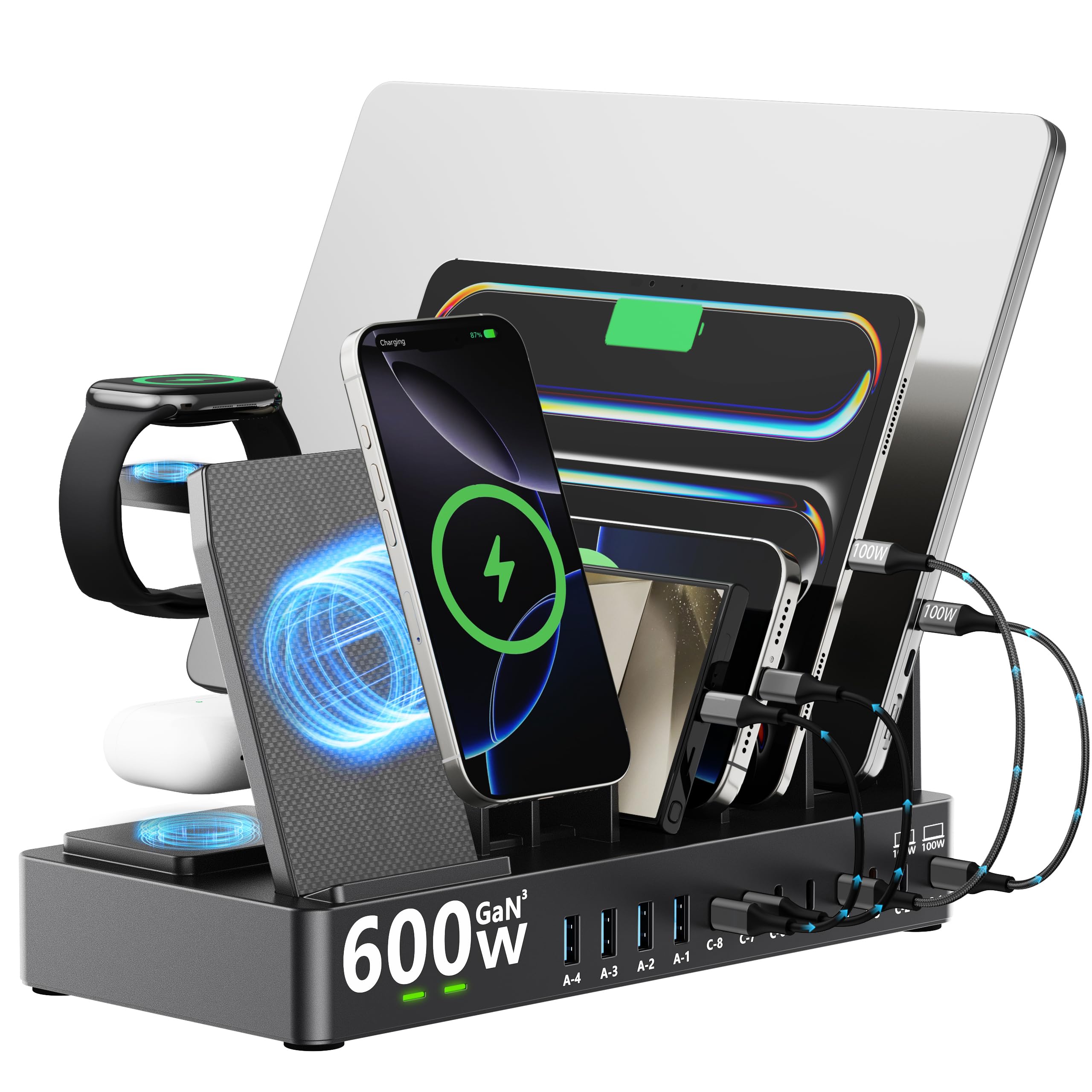 Photo 1 of 600w Charging Station for Multiple Devices, 15 in 1 Wireless Charging Station for Apple, Dual 100w USB C Tablet Charging Station for MacBook,iPhone,iPad,Tablet(Black)