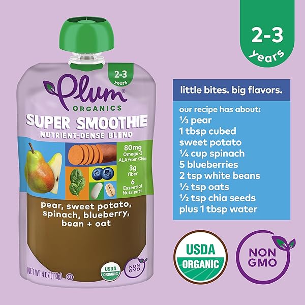 PLUM ORGANICS SUPER SMOOTHIE ORGANIC TODDLER FOOD – PEAR, SWEET POTATO, SPINACH, BLUEBERRY, BEAN, AND OAT – 4 OZ (PACK OF 4)