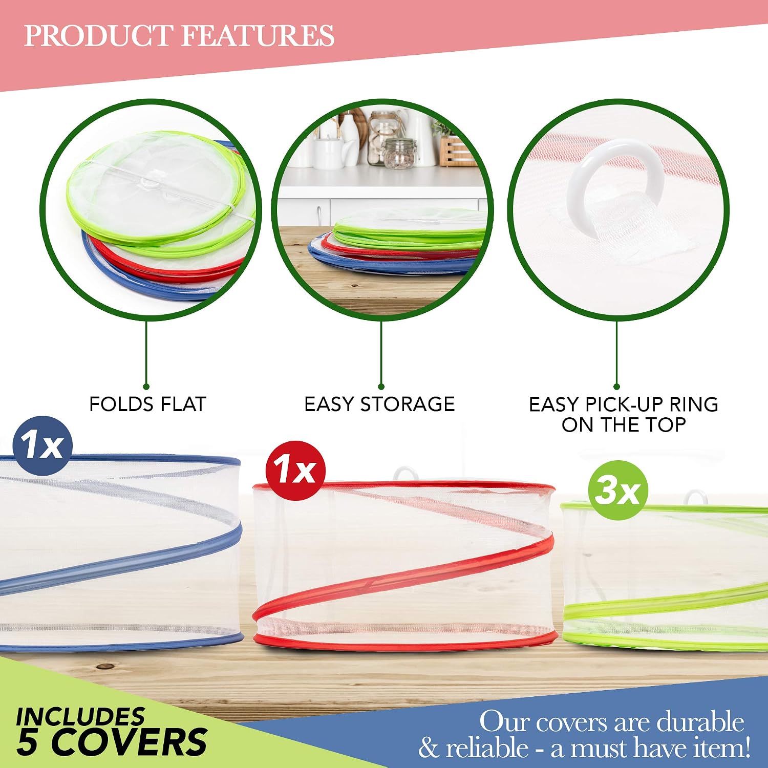 Bramble, 5 Mesh Pop-Up Food Covers, Collapsible Net Domes, Insect Fly Proof Fine Mesh Screen Tents for Fruit Kitchen - Image 5