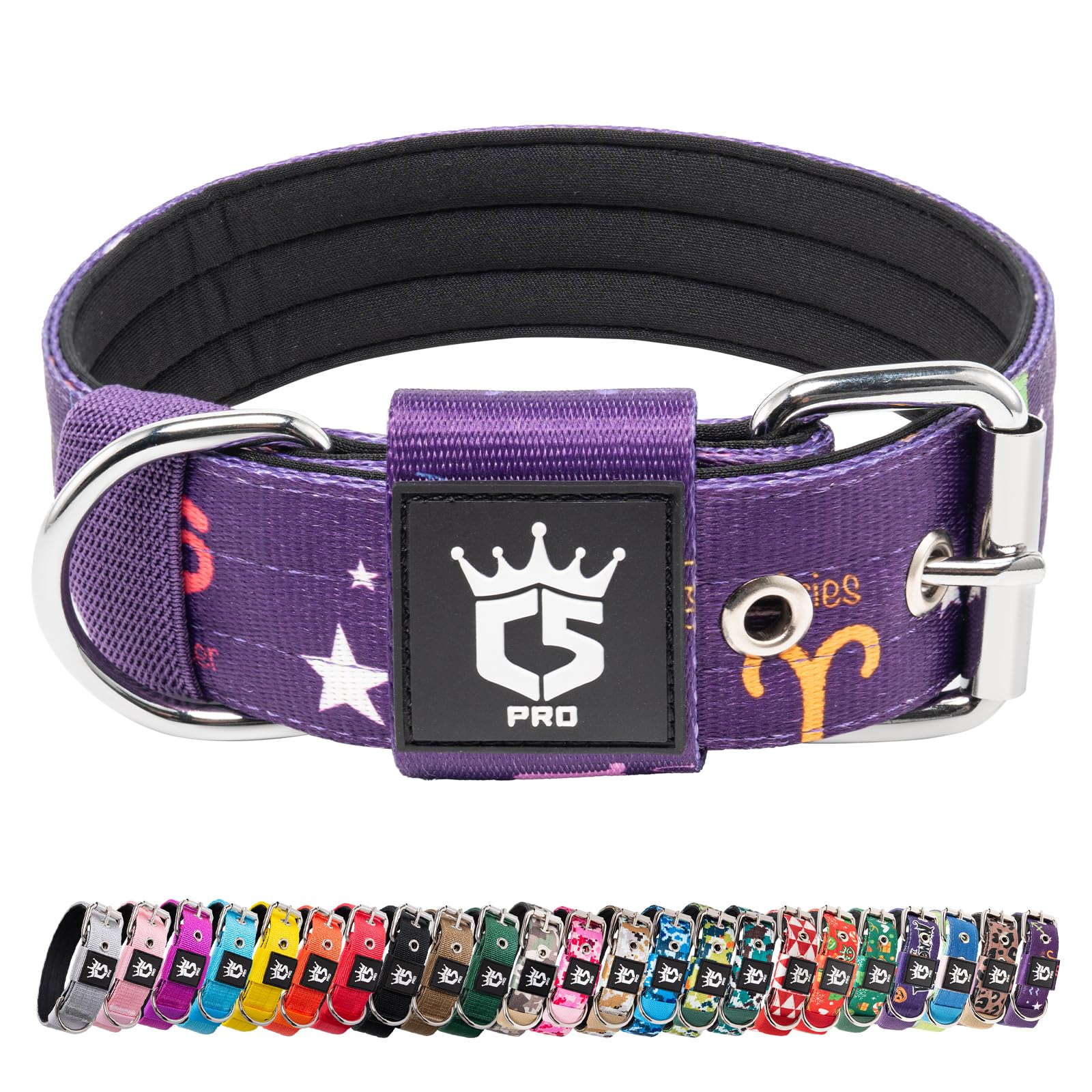 TSPRO Heavy Duty Tactical Dog Collar 1.5" Wide, Padded Dog Collar with Metal Buckle, Adjustable for Walking Training Outdoor for Medium Large Dogs (Constellation Purple, M) — image 1