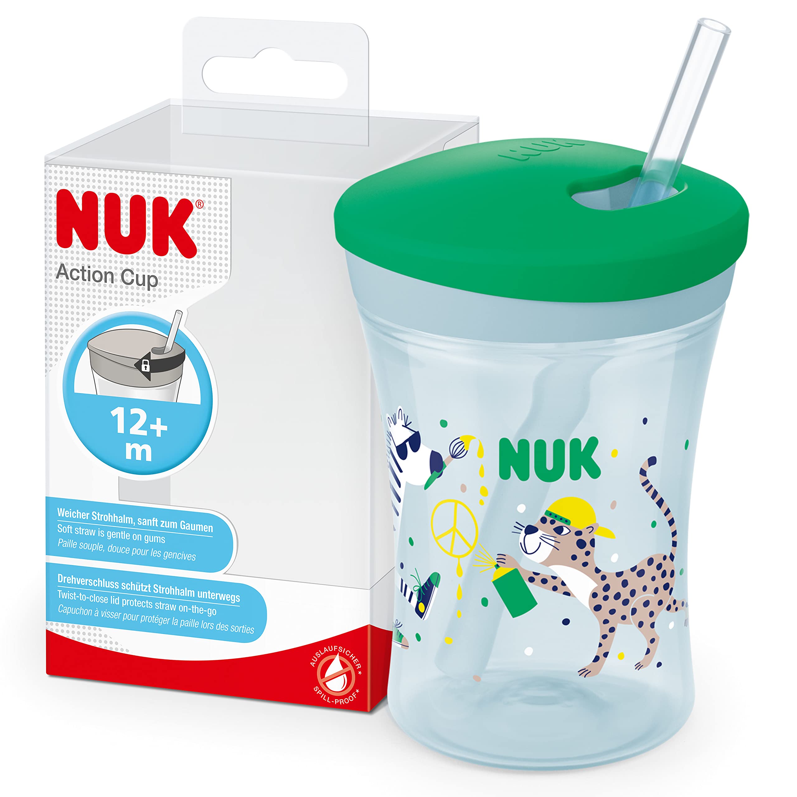 NUK Action Cup Toddler Cup | 12+ Months | Twist Close Soft Drinking Straw | Leak-Proof | BPA-Free | 230ml | Green Leopard