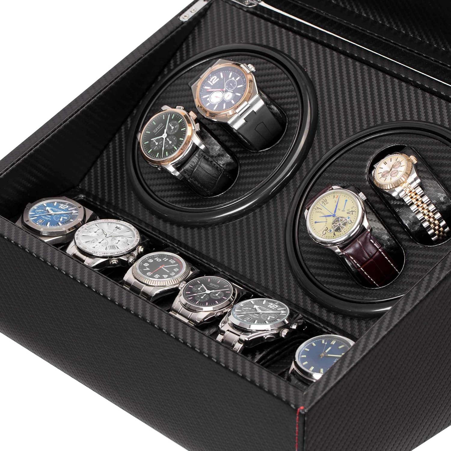 Automatic Watch Winder with 4 Quiet Running Motor Watch Winding Display+ 6 Flexible Watch Pillows Luxury Fiber Leather Storage Case for Man/Woman's Watches- AC Adapter: Watches