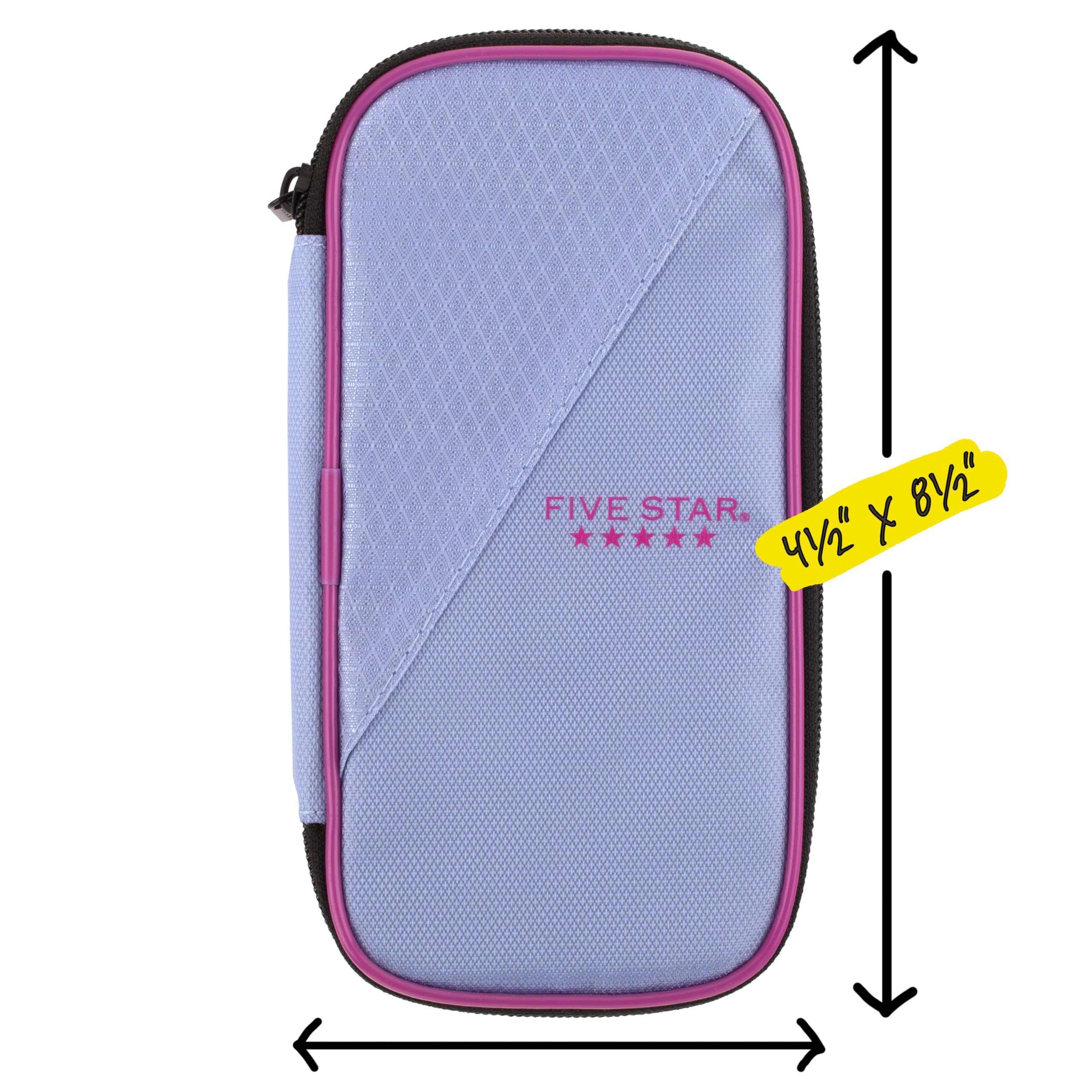 Five Star Pencil Pouch, Pen Case, High-Capacity Zipper Pouch, Storage Organizer for School Supplies Earbuds Chargers Cables Makeup, Lilac/Berry (500211F-ECM)