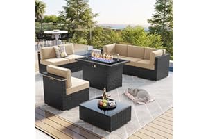 LayinSun 8 Piece Patio Furniture Set with 44" Propane Gas Fire Pit Table, Outdoor Sectional Conversation Set Wicker Rattan Sofa Set with Coffee Table