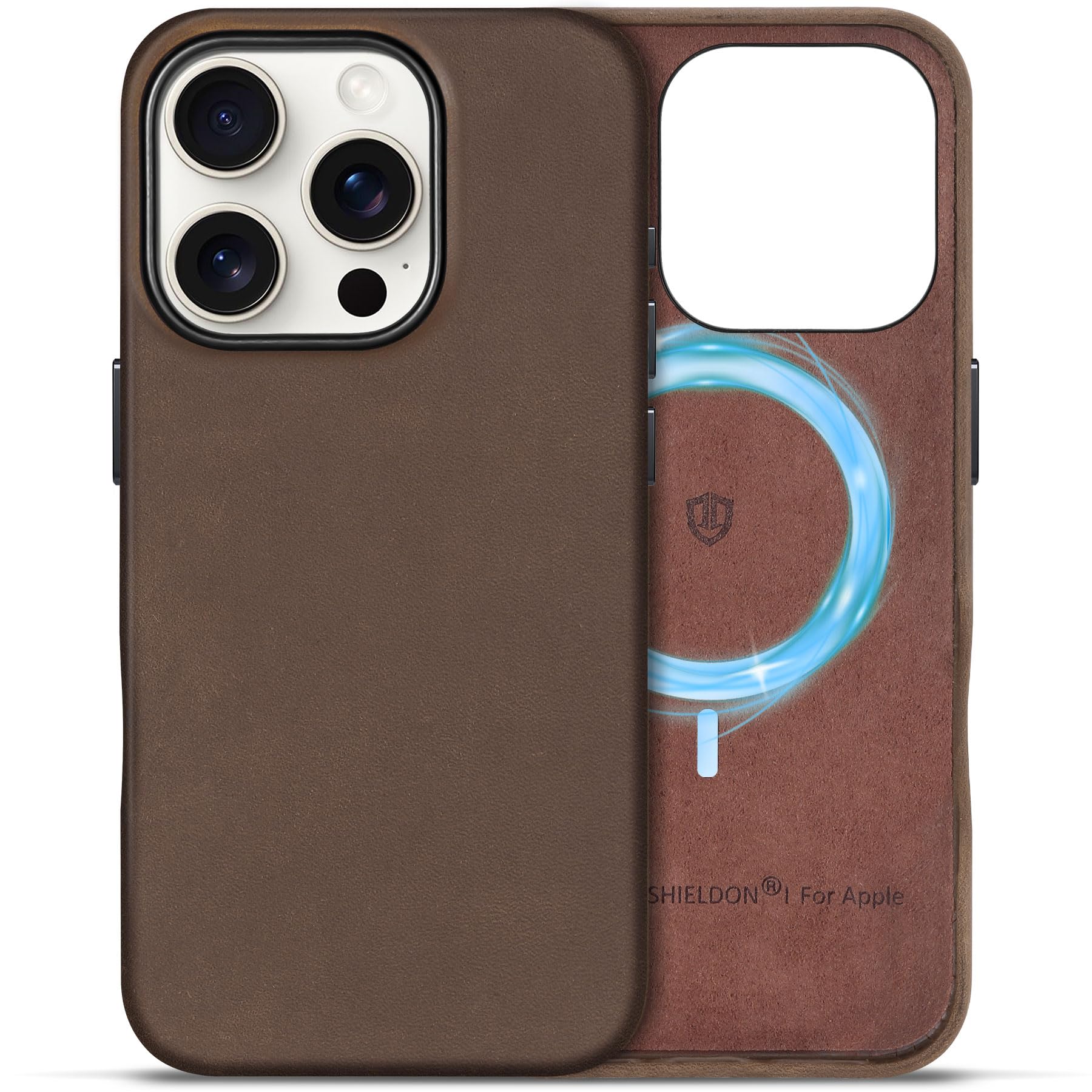 Photo 1 of SHIELDON Case for iPhone 16 Pro 6.3", Top Grain Crazy Horse Leather Magnetic Wireless Charging Anti-Scratch Protective Case with Metal Button Compatible with iPhone 16 Pro - Crazy Horse Dark Brown