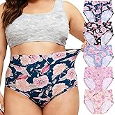 Feihtl Women's Plus Size XL-5XL Underwear High Waist Briefs Panties Rose Floral Print Ladies Undies 5-Pack