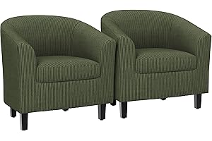 Yaheetech Corduroy Barrel Chairs Set of 2, Upholstered Club Chairs Accent Chairs, Round Armchairs Waiting Room Chairs with Soft Cushion for Living Room Bedroom Reading Room, Dark Green
