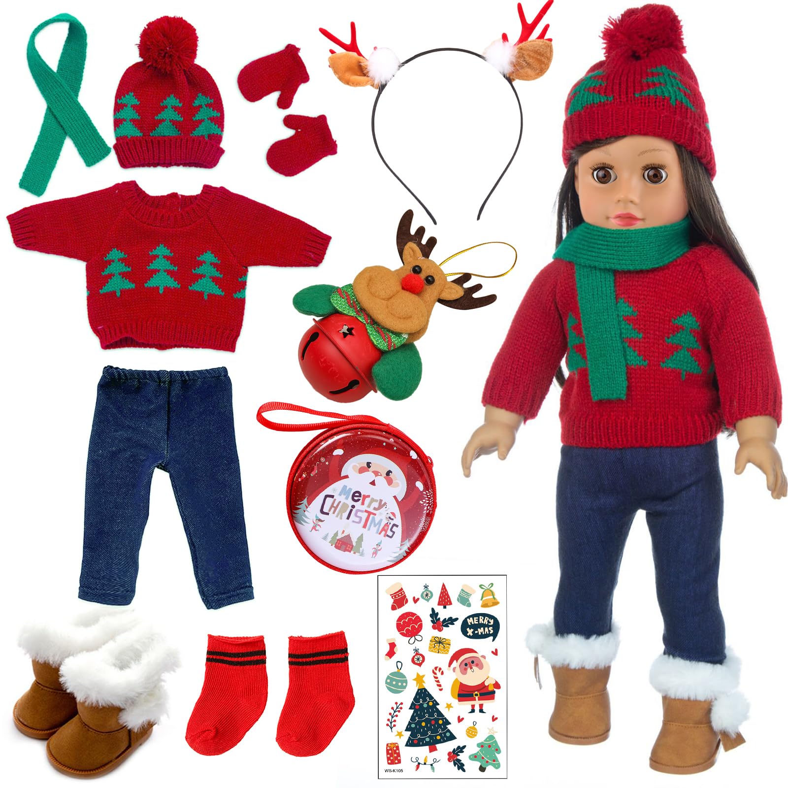 ZITA ELEMENT American 18 Inch Doll Christmas Clothes Outfits with Shoes and Accessories- Christmas Doll Clothes Dress Boots Hat Scarf Hairclips Bag-Dolls not included