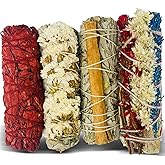 Bholi Sage Plus Sage Smudge Kit for Cleansing Negative Energy and Cleansing Home Sinuata, Dragon Blood, Cinnamon and Triple Flower Dried - 4'' Long Pack of 4 White California Sage Sticks