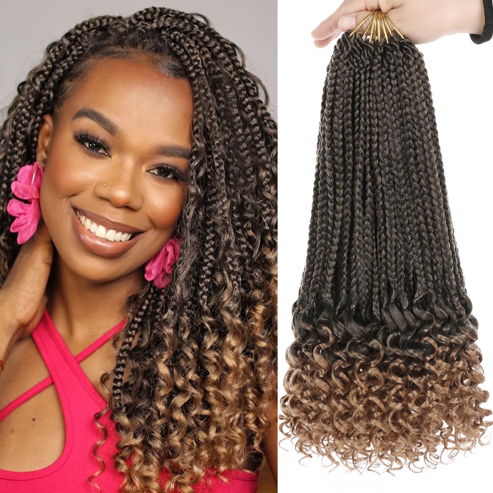 Photo 1 of 14 Inch Goddess Box Braids Crochet Hair with Curly Ends 8 Packs Pre-looped 3X Goddess Braids Hair Extensions Synthetic Boho Box Braiding Hair for Women (15Strands/pack T27#)