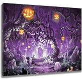 LB Halloween Bathroom Wall Art, Scary Haunted House Wall Decor,16x12 Inch | Dark Forest, Spooky Pumpkin Framed Canvas Wall Art, Purple Halloween Wall Pictures for Living Room Bedroom , Ready To Hang