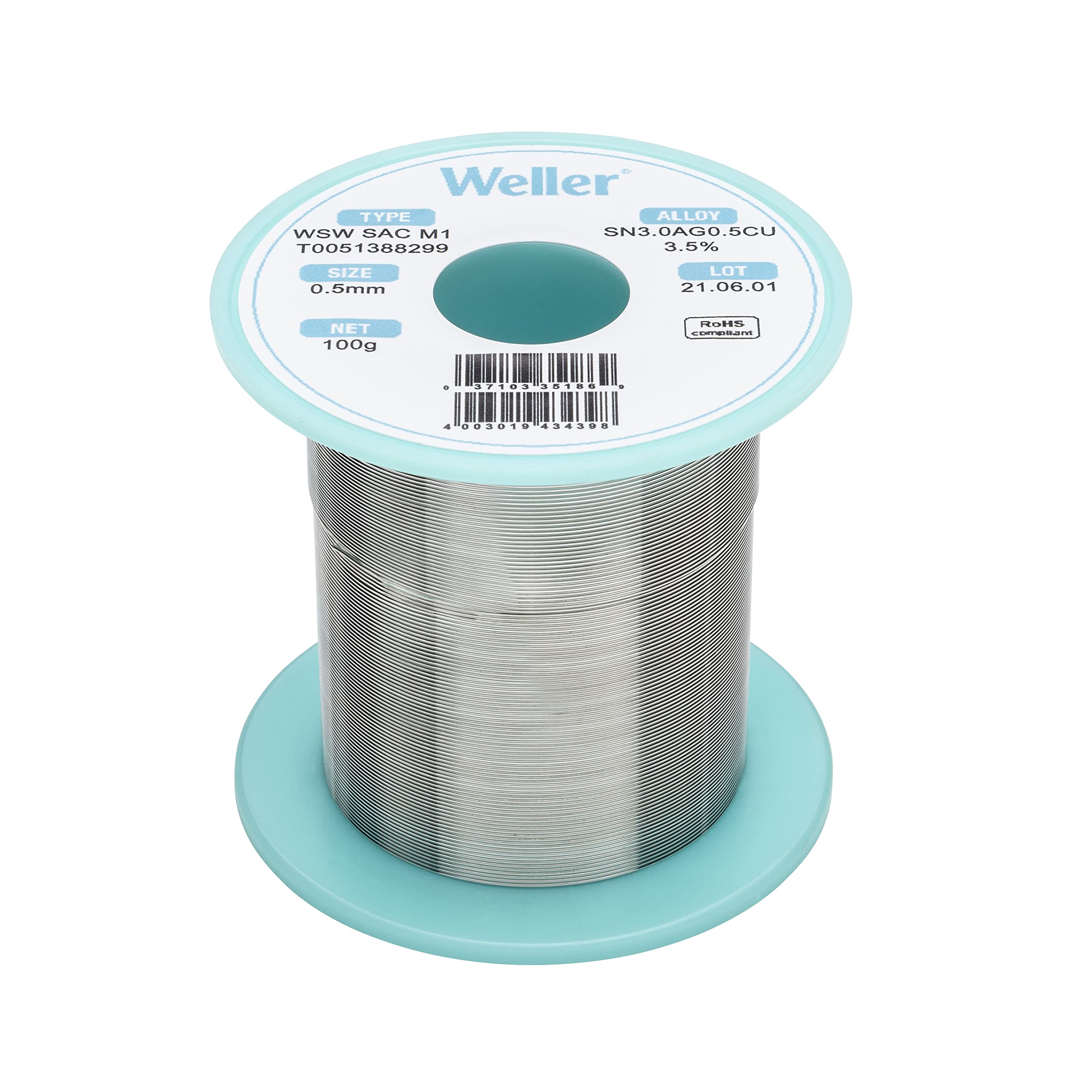 Weller WSW SAC M1 (T0051388299) Lead Free Solder Wire, Ø 0.5mm, Alloy Sn96.5Ag3.0Cu0.5, Flux content 3.5%, 100g