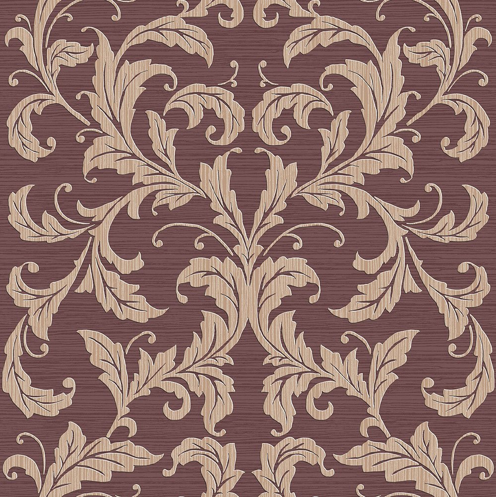 Galerie G34116 Nordic Elements Leaf Damask Wallpaper, Burgundy, Full roll (10M x 53 cm)