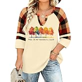 Ithalt Womens Plus Size Fall Tops Halloween Pumpkin Graphic 3/4 Sleeve Top | Soft V-neck top with autumn pumpkin print. Great for crisp days, apple picking, or coffee runs. Nice fall gift for mom.