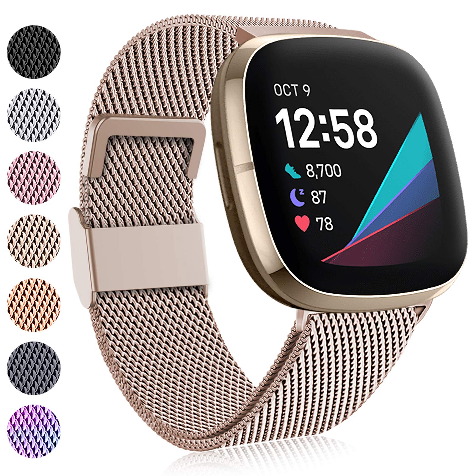 Faliogo Compatible With Fitbit Versa 3/4 and Sense Strap, Adjustable Stainless Steel Metal Replacement With Magnet Lock, Small Vintage Gold
