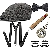 Men 1920s Roaring Retro Vintage Accessories Set Halloween Costume Gangster Hat Bow Tie Pocket Watch Suspender
