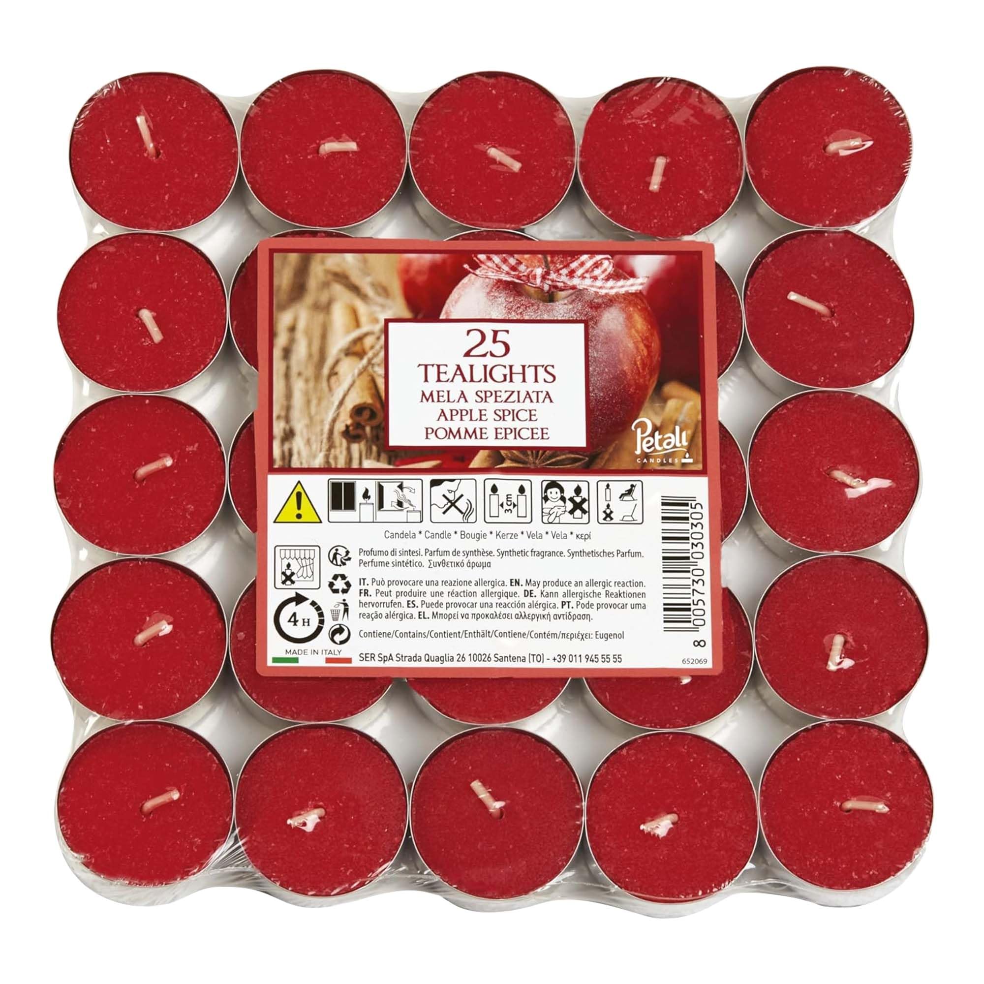 Price's Petali Brand Scented Tealights | 25 Pack Tealights 4 Hour Burn Time | Available in Multiple Scents (Apple Spice)