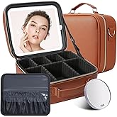 Mocado Travel Makeup Bag with LED Lighted Mirror, Travel Makeup Organizer, Makeup Case with 3 Color Lighted Setting and 10x Magnifying Mirror, Portable Storage and Adjustable Dividers(Orange Brown)